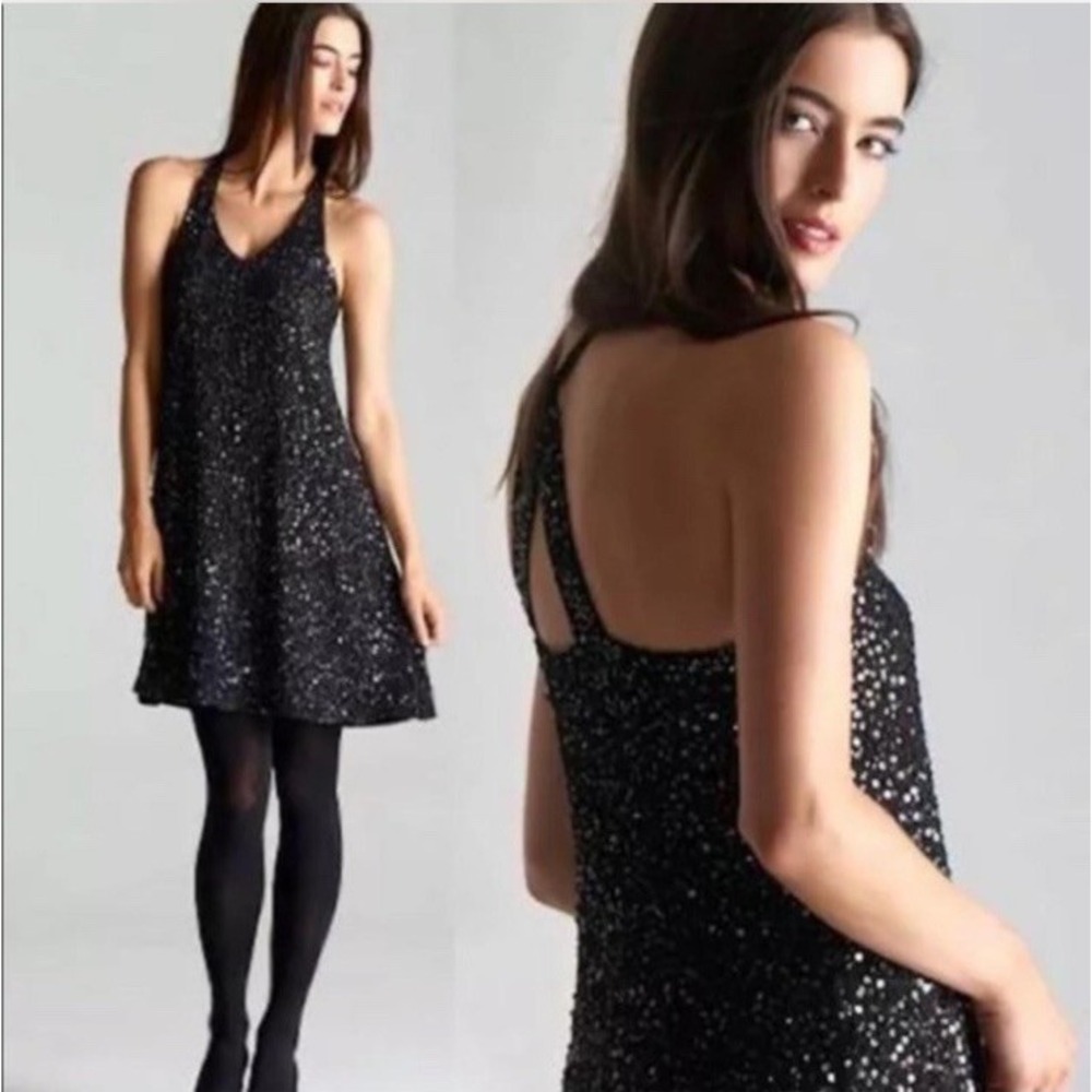 Eileen Fisher Encrusted Silk Sequin Sparkle Racerback Dress in black Sz L